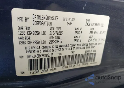 2007 Chrysler Town & Country z USA, uszkodzony, nr VIN 1A4GJ45RX7B186116